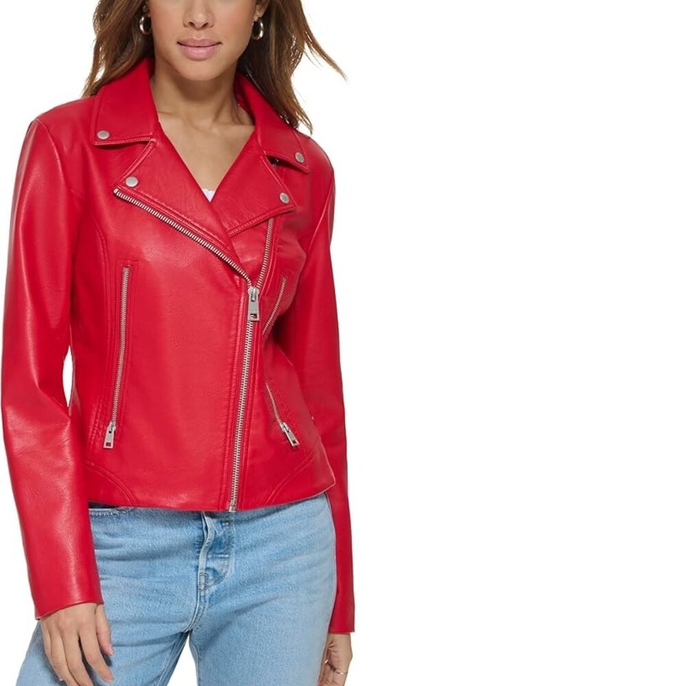 Levi's women's Vegan Leather 538 Moto Jacket Regular Red Size S (New).
